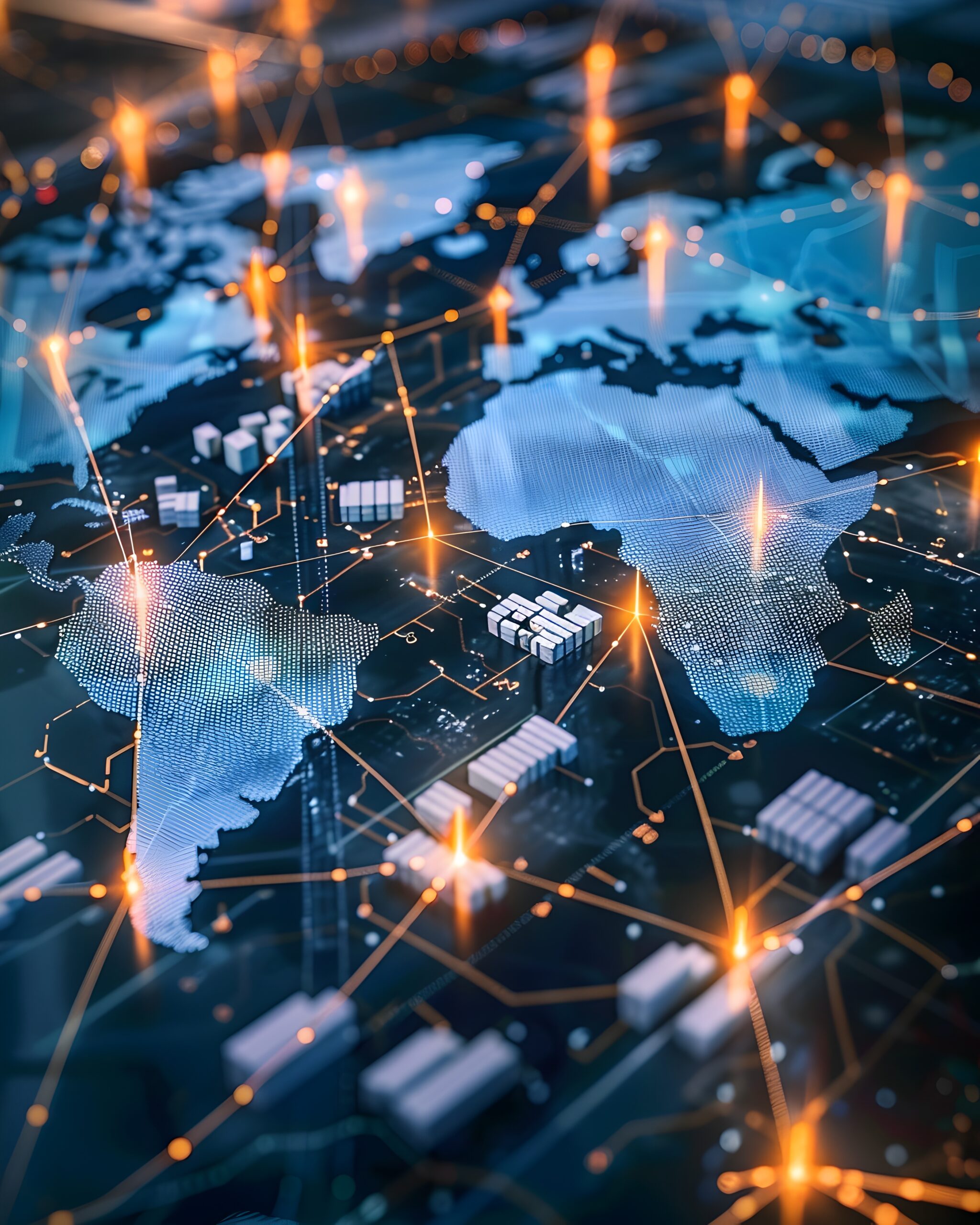 Global Logistics Network Map with Glowing Lines Connecting Warehouses Across Continents Symbolizing the Intricate Web of International Trade and Supply Chains