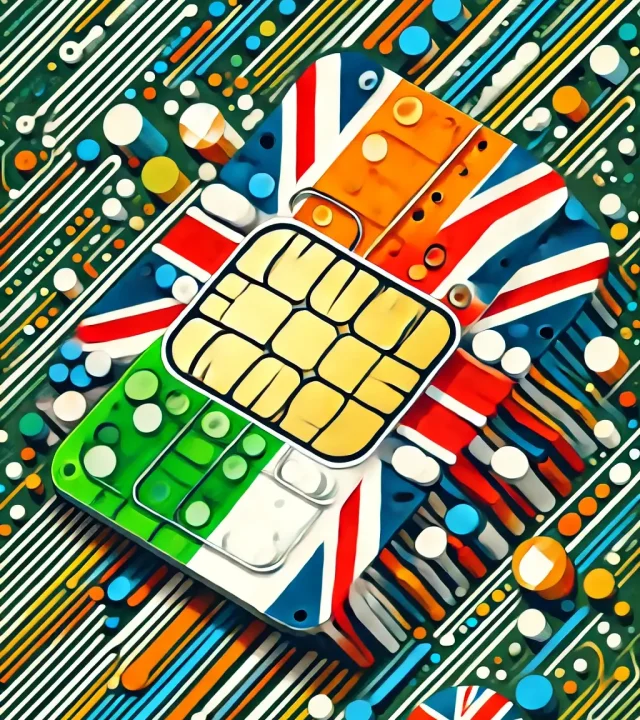 A SIM card with UK and Irish flags